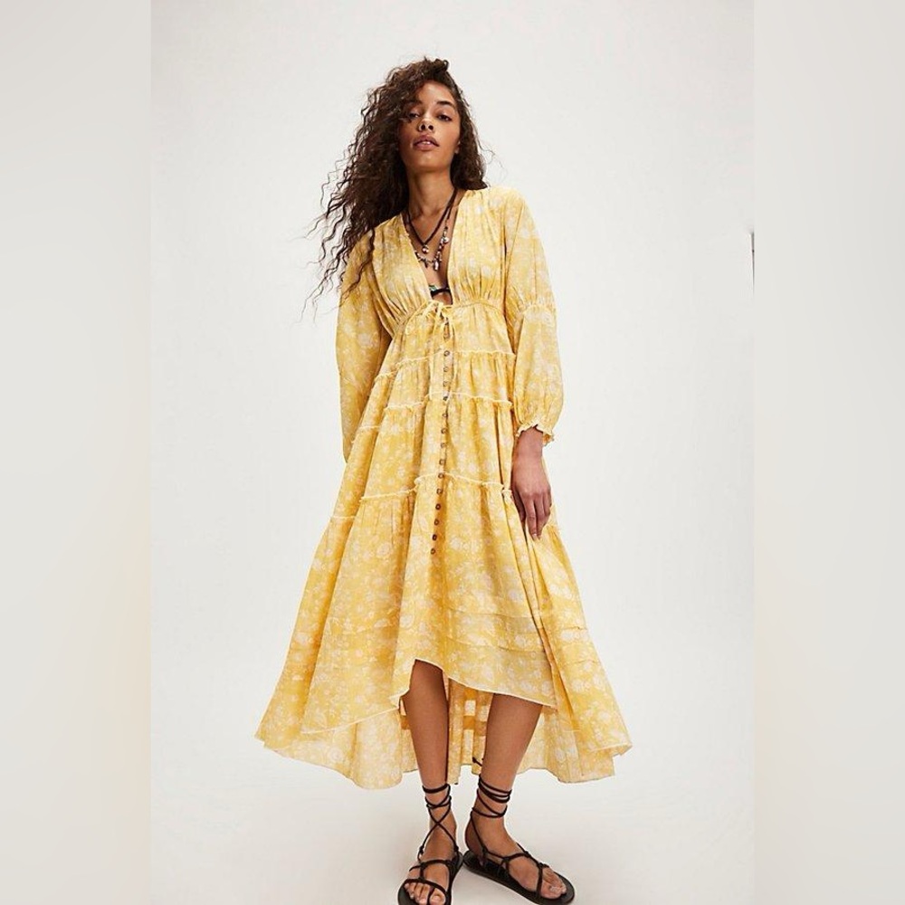 Free People Pappiet Midi Dress in Yellow size Medium NWT